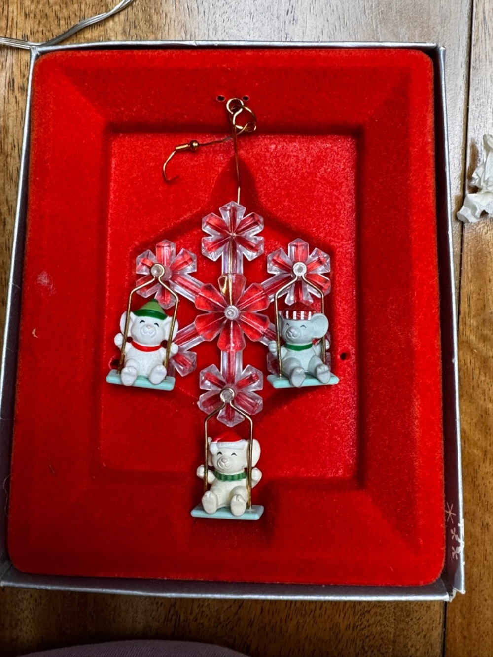 Vintage Cat Trio Christmas Ornament - Clear Snowflake with Swinging Cats